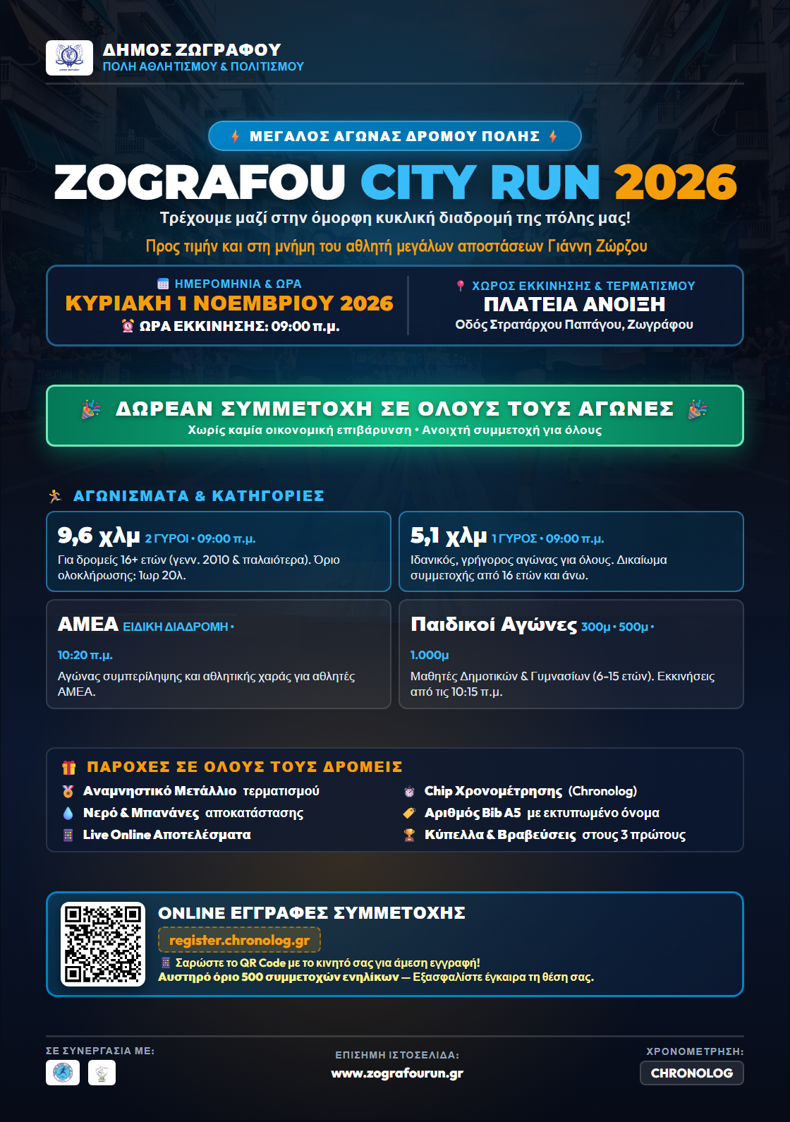 Κυριακή 1 Νοεμβρίου το 5ο Zografou City Run 2026 – Αγώνας στη μνήμη του Γιάννη Ζώρζου